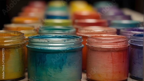 A series of watercolor paint jars lined up, each filled with a different, bright color, under soft lighting Generative AI