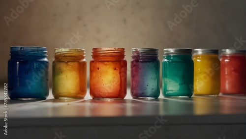 A series of watercolor paint jars lined up, each filled with a different, bright color, under soft lighting Generative AI