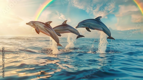 banner background National Dolphin Day theme, and wide copy space, Two dolphins jumping in unison out of the water with a rainbow in the background, for banner, © AliaWindi