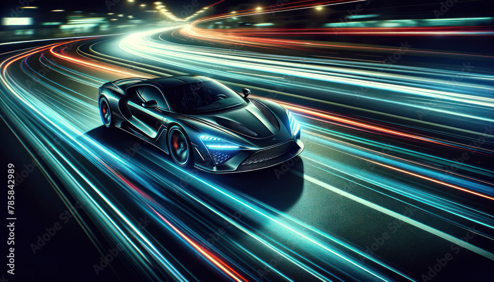 Fototapeta premium high-speed motion, with light streaks trailing behind it, conveying a sense of rapid movement and advanced automotive technology