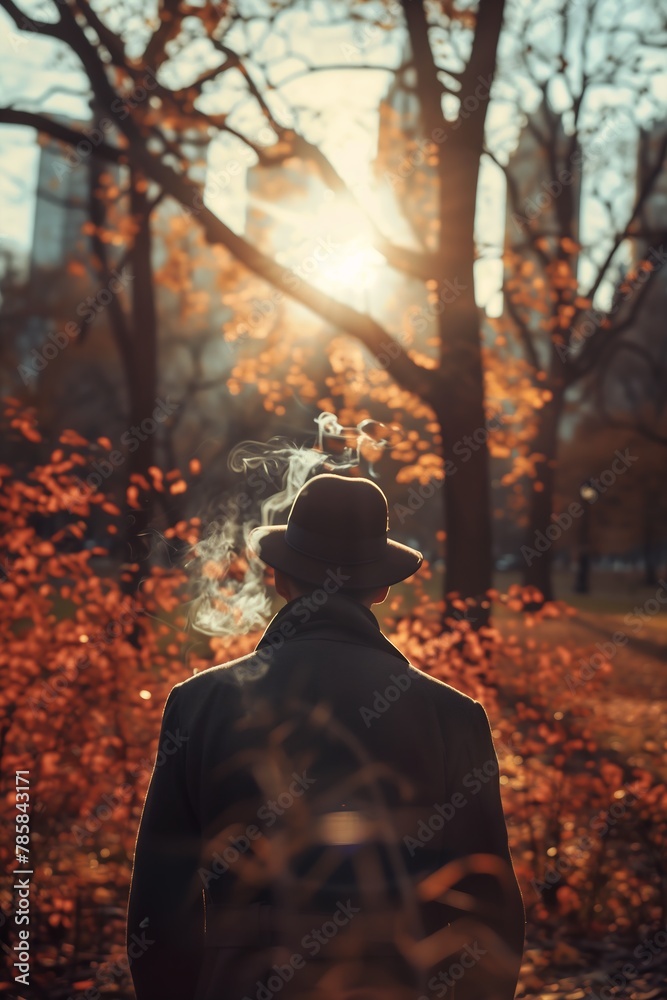 man hat coat standing park exhaust smoke warm sunshine leaves human vanishing city nature utopia smoking outside man hat coat standing park exhaust smoke warm sunshine leaves human vanishing city nature utopia smoking outside
