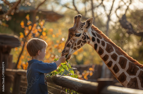 a boy in a blue shirt feeding giraffes at the zoo, holding green leaves over the fence on a sunny day with a clear sky and trees in the background, a happy expression on his face © Kien