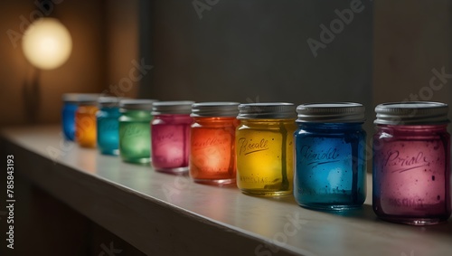 A series of watercolor paint jars lined up, each filled with a different, bright color, under soft lighting Generative AI