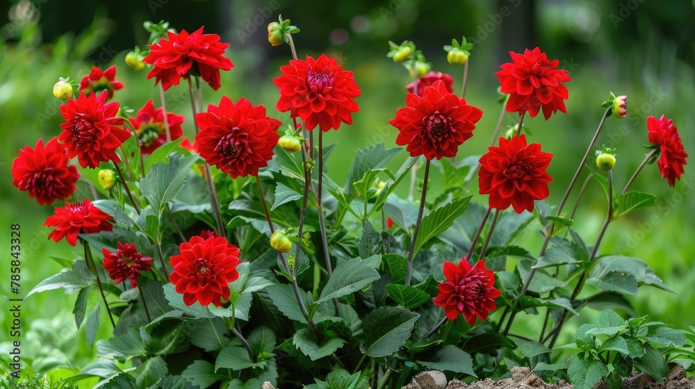 Lush red dahlia flowers in a flower bed in summer. Lush red dahlia flowers in a flower bed in summer.
