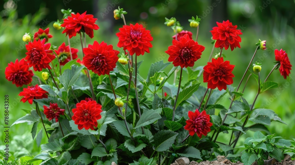 Lush red dahlia flowers in a flower bed in summer.