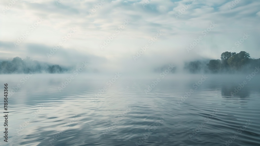 A river or lake covered in a blanket of fog, with the water's surface barely visible, creating a surreal and tranquil scene.