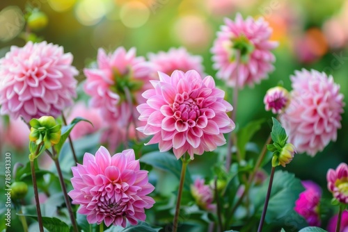 Lush pink dahlia flowers in a flower bed in summer.