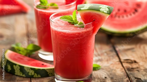 A refreshing watermelon smoothie in a glass, garnished with mint leaves and a slice of watermelon.