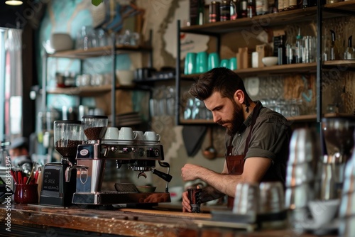 Male barista making coffee for customers at the bar