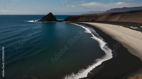 Black beach with wet stones in foreground.generative.ai