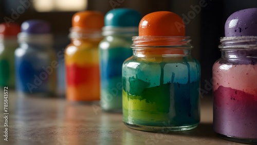 A series of watercolor paint jars lined up, each filled with a different, bright color, under soft lighting Generative AI