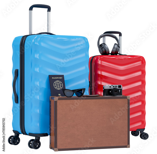 Suitcase with headphone, camera, passport, sunglass and travel accessories. Travel Summer vacation concept for travel agency advertise sale or represent. 3d rendering