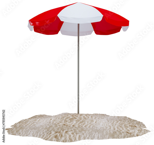 Sandy island and umbrella isolated on background. Piece of round beach with sand for vacation, travel, summer, leisure and enjoy. Summer beach vacation scene concept. 3d rendering