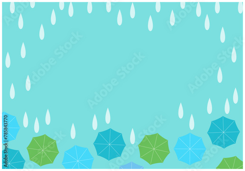 梅雨景色の雨が降る傘パターン背景9緑色