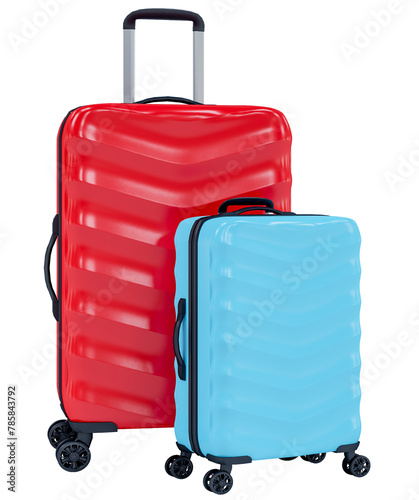Red and blue Suitcase plastic bag travel accessories. Travel vacation creative journey concept for travel agency advertise sale or represent. 3d rendering