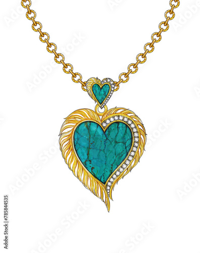 Jewelry design fancy feather heart set with turquoise gold pendant sketch by hand drawing on paper.