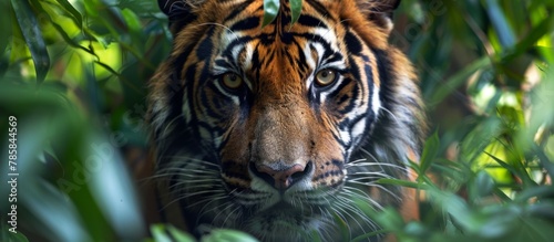 The majestic tiger prowls gracefully in its natural habitat within the lush green jungle foliage