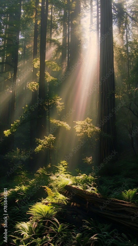 Obraz premium sunlight shining trees forest ferns young rays searchlight