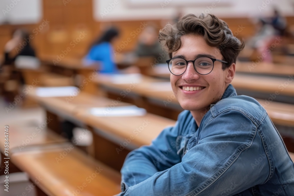 Fototapeta premium Student with glasses smiling in auditorium