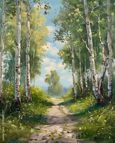 path forest white birch trees stands easel landscape garden sunny