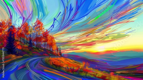 landscape winding road trees mind bending sunrise light wind swirling flows energy color background large diagonal brush strokes flowing rhythms lots photo