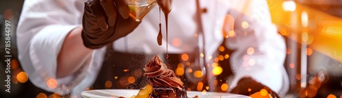 A chef in a cybernetic kitchen suit artistically drizzling chocolate over a levitating dessert, against a backdrop of digital flavor clouds, close up photo