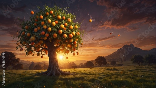 A fantasy illustration of a magical fruit tree at sunset, bearing fruits that glow and sparkle, with fairies fluttering around Generative AI © Haroon