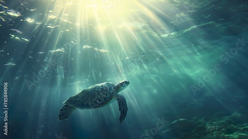 An underwater view of a sea turtle gliding through a sunlit sea, with rays of light shining down from the surface.