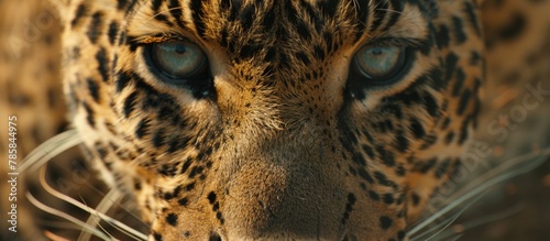 A giraffe with a distinctive patterned coat gazing directly at the camera, showcasing a remarkably large blue eye photo