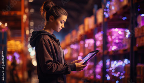 A woman in her late thirties is looking at the tablet screen while standing next to rows of glass shelves filled with candles. Created with Ai