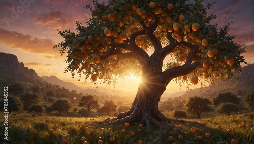 A fantasy illustration of a magical fruit tree at sunset, bearing fruits that glow and sparkle, with fairies fluttering around Generative AI © Haroon