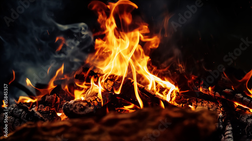 Logs are burning in the fire. orange hot flame
