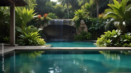 paradise dreamy swimming pool surrounded by tropical plants and flowers.generative.ai
