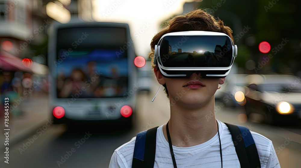 Young man in VR glasses on the streets of a modern city. With VR glasses on, he strides confidently through the urban jungle, exploring a world that exists beyond the physical realm. Young man in VR glasses on the streets of a modern city. With VR glasses on, he strides confidently through the urban jungle, exploring a world that exists beyond the physical realm.