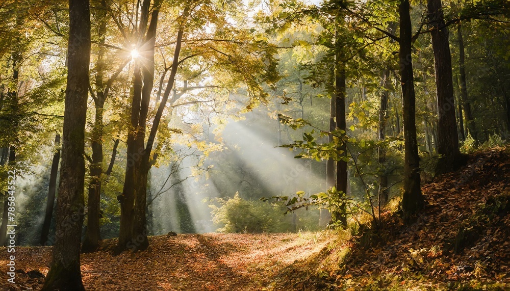 Beautiful rays of sunlight in a green forest
