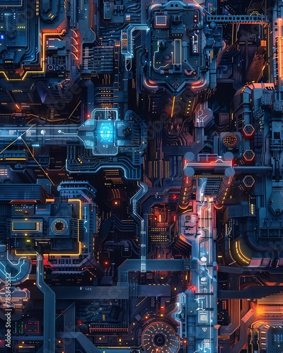 Aerial shot of a robotthemed conceptual land, vibrant circuits against dark metal exteriors, twilight,