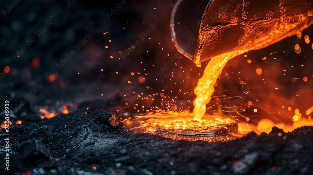 Pouring molten steel, into a socket, close up, glowing orange steel flowing from a ladle into a mold, bright sparks and intense heat creating a dramatic scene, industrial setting with dark Pouring molten steel, into a socket, close up, glowing orange steel flowing from a ladle into a mold, bright sparks and intense heat creating a dramatic scene, industrial setting with dark
