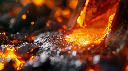Pouring molten steel, into a socket, close up, glowing orange steel flowing from a ladle into a mold