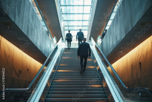 Rear view of business person climbing stairs, Ambitions concept with business person, Generative AI © BOONJUNG