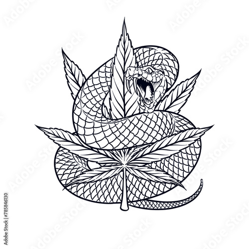 illustration of Marijuana Leaves with Snakes with black and white lines © Ibnu