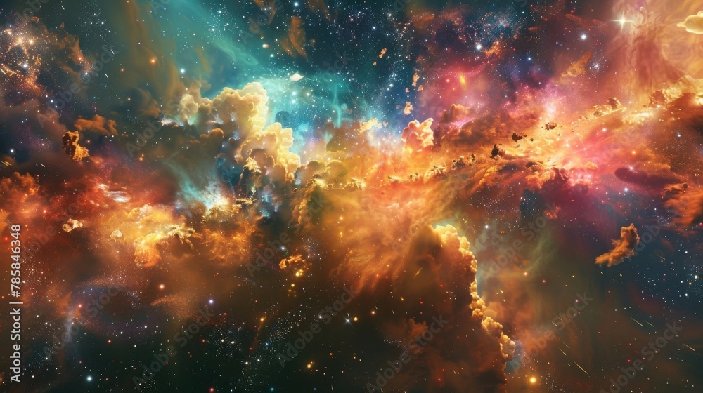 A symphony of rainbowhued explosions erupts within a starstudded backdrop of cosmic dust clouds.