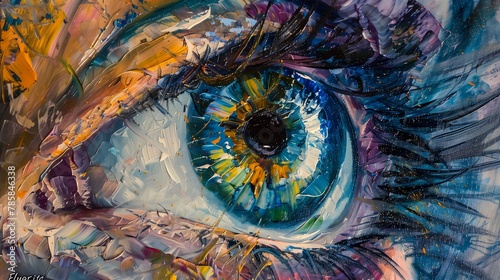 closeup blue eye yellow princess refractive reflective thick impasto paint closes abstract