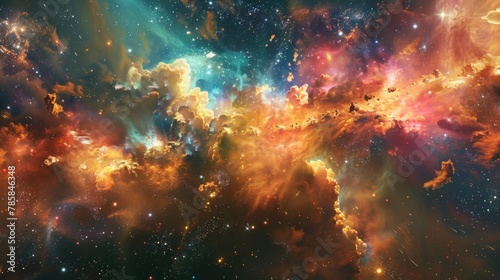 A symphony of rainbowhued explosions erupts within a starstudded backdrop of cosmic dust clouds. photo