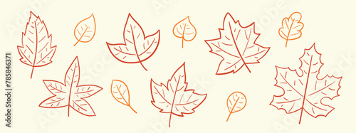 Hand drawn autumn falling leaves doodle set.
