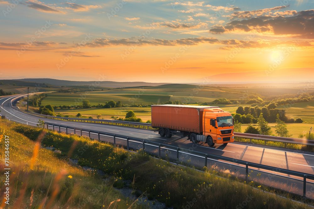 Sunset journey of an orange truck on a curvy highway amidst vibrant rural landscapes Sunset journey of an orange truck on a curvy highway amidst vibrant rural landscapes