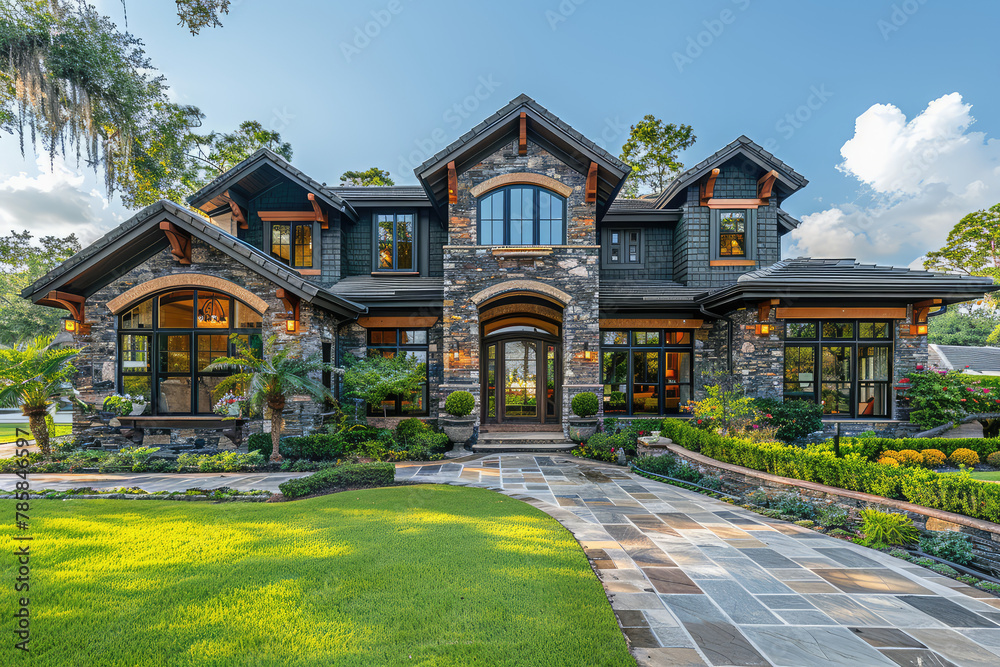 A stunning stone and wood craftsman style home with black roof, overlooking the lush green lawn of an expansive front yard. Created with Ai