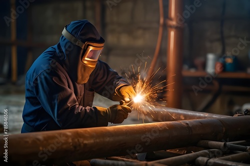 Close up on hands of unknown industrial worker plumber with central heating copper pipes welding using gas torch or blowtorch at work
 photo