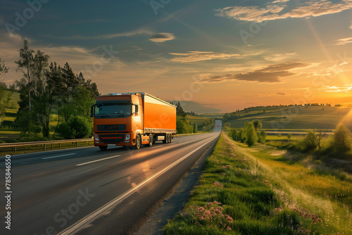 Truck cruising down the highway at sunset, amidst a serene rural landscape