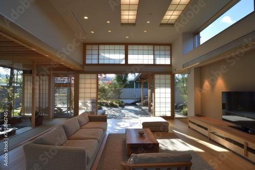 Modern Japanese-style interior with garden view. © InfiniteStudio