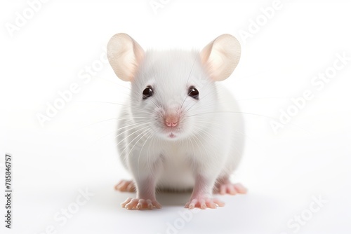 Close-up view of a little laboratory mouse looks into the camera. Photo on a white background. AI generated image.